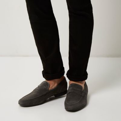 Grey suede saddle loafers